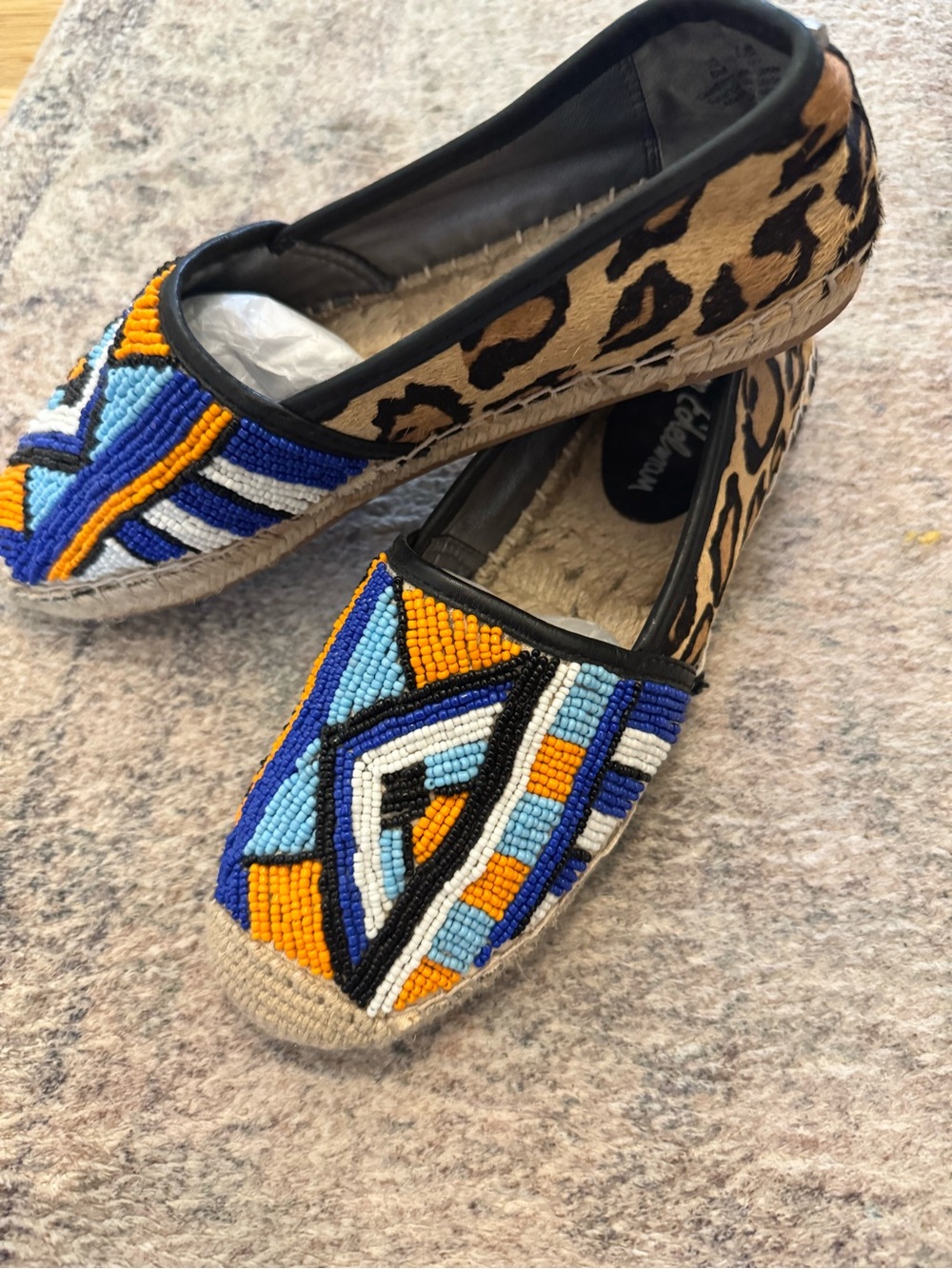 Beaded Leopard-Accent Espadrille Flats in Blue, Orange & Tan